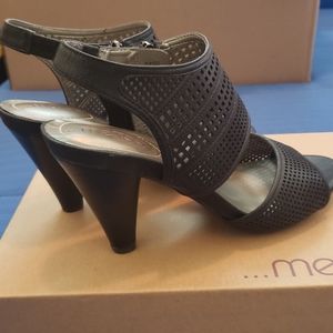 Black strap open toe heels